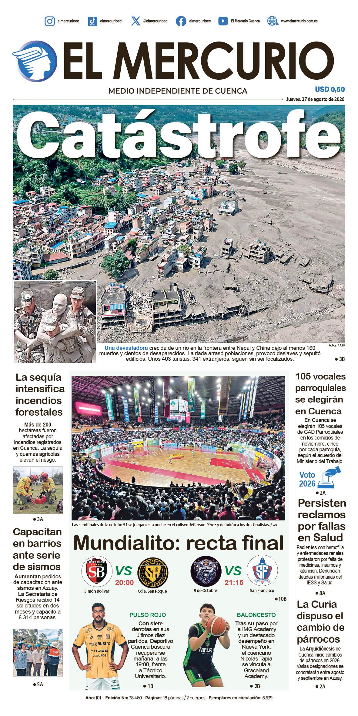 Portada del 27 de agosto de 2026 - Diario El Mercurio featuring Michael Morales